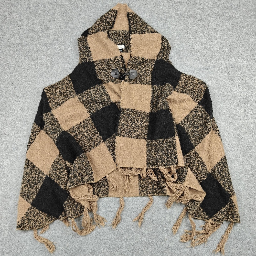 David And Young Poncho Womens One Size Black Tan Hooded Fringe Plaid Knit Toggle